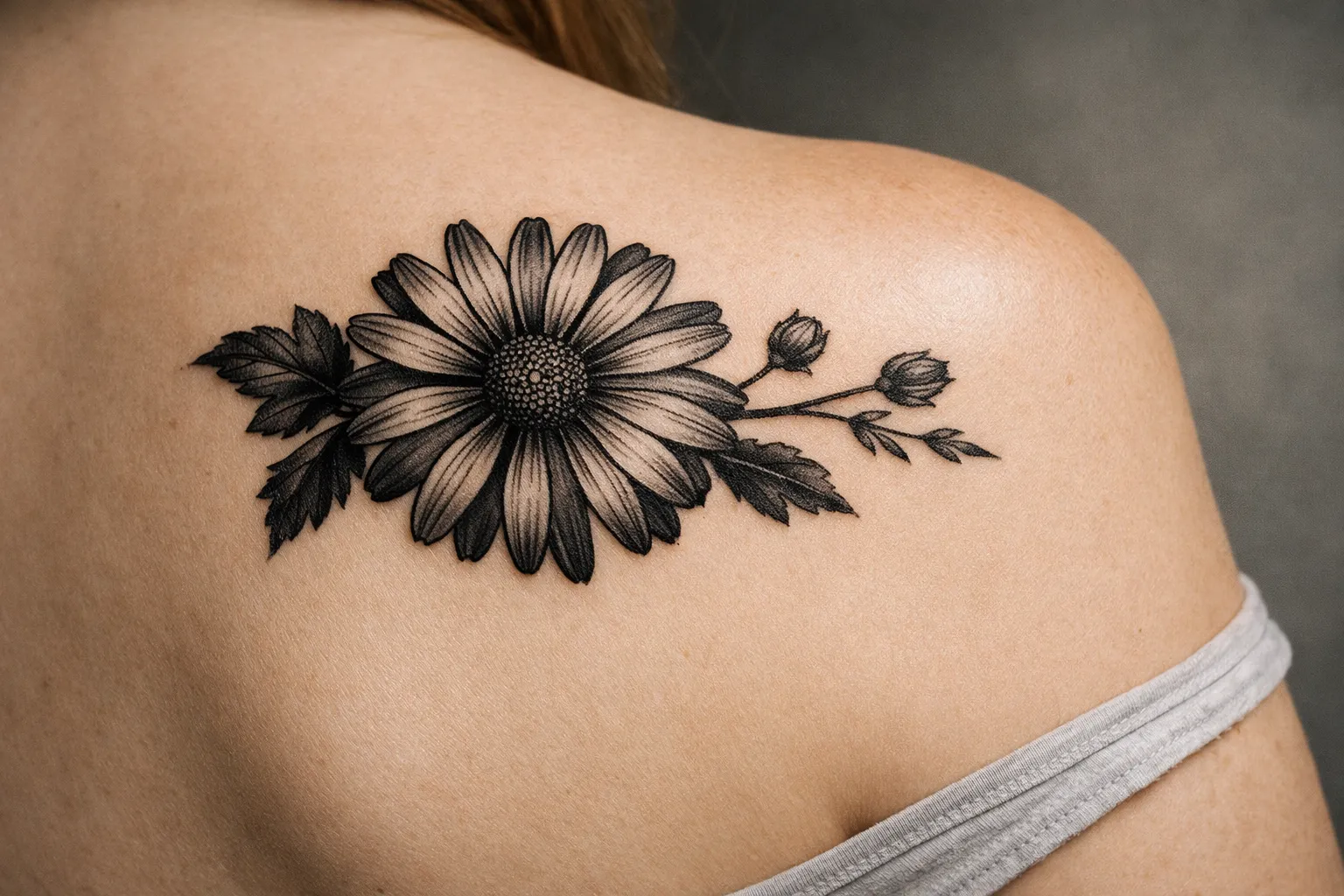A black daisy tattoo is inked on a woman's shoulder.