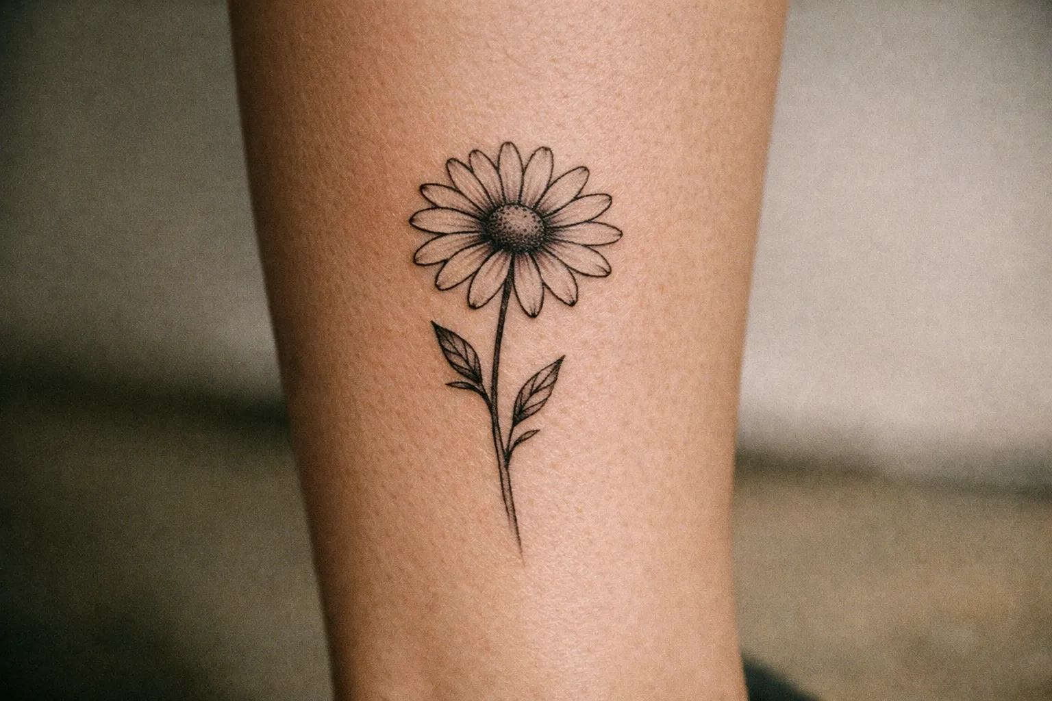 Daisy tattoo on calf in editorial close-up, showing placement and clean linework