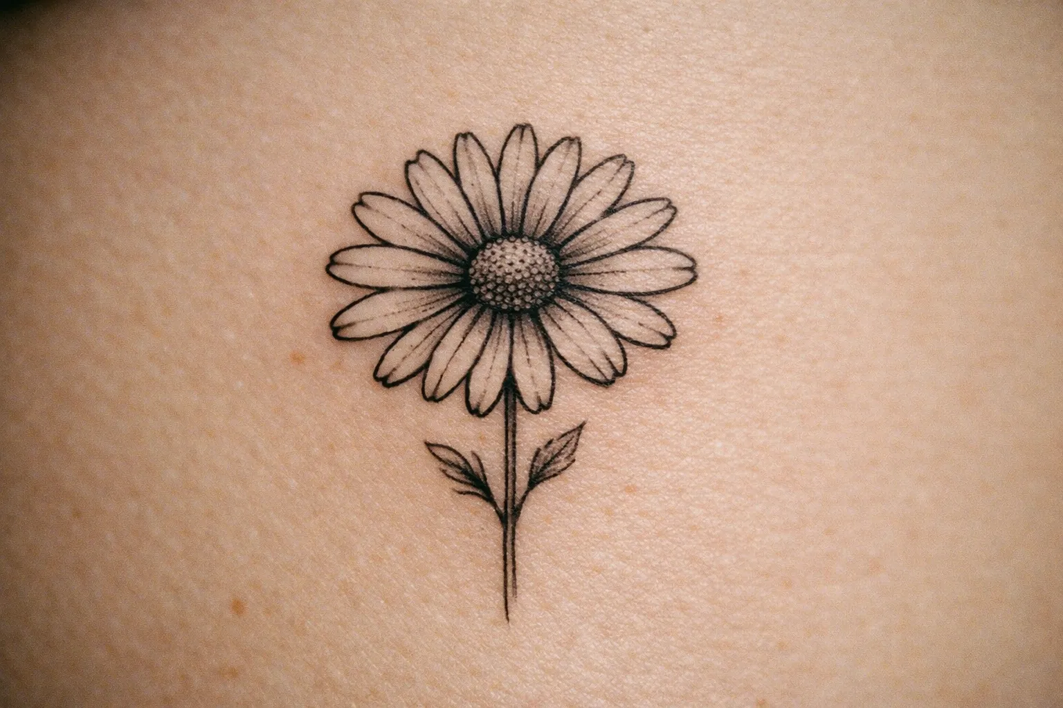 Daisy tattoo on ribcage with healed skin texture to illustrate aftercare results