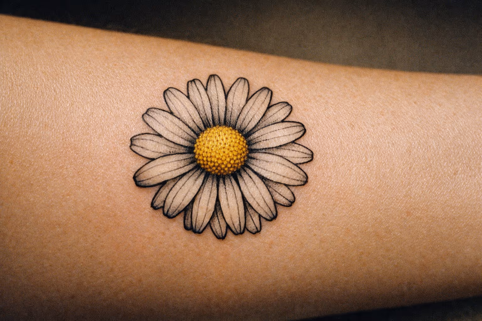 Editorial close-up of a single daisy tattoo on a forearm, showing crisp black linework and subtle shading
