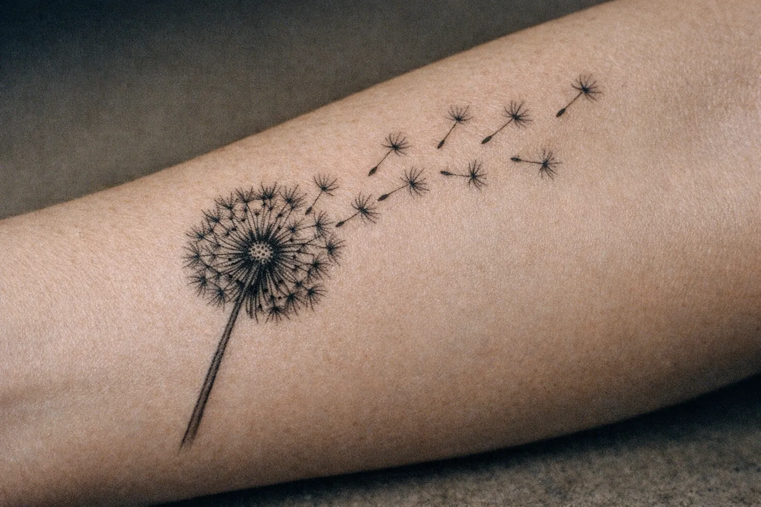 Forearm close-up of a dandelion tattoo with seeds drifting away