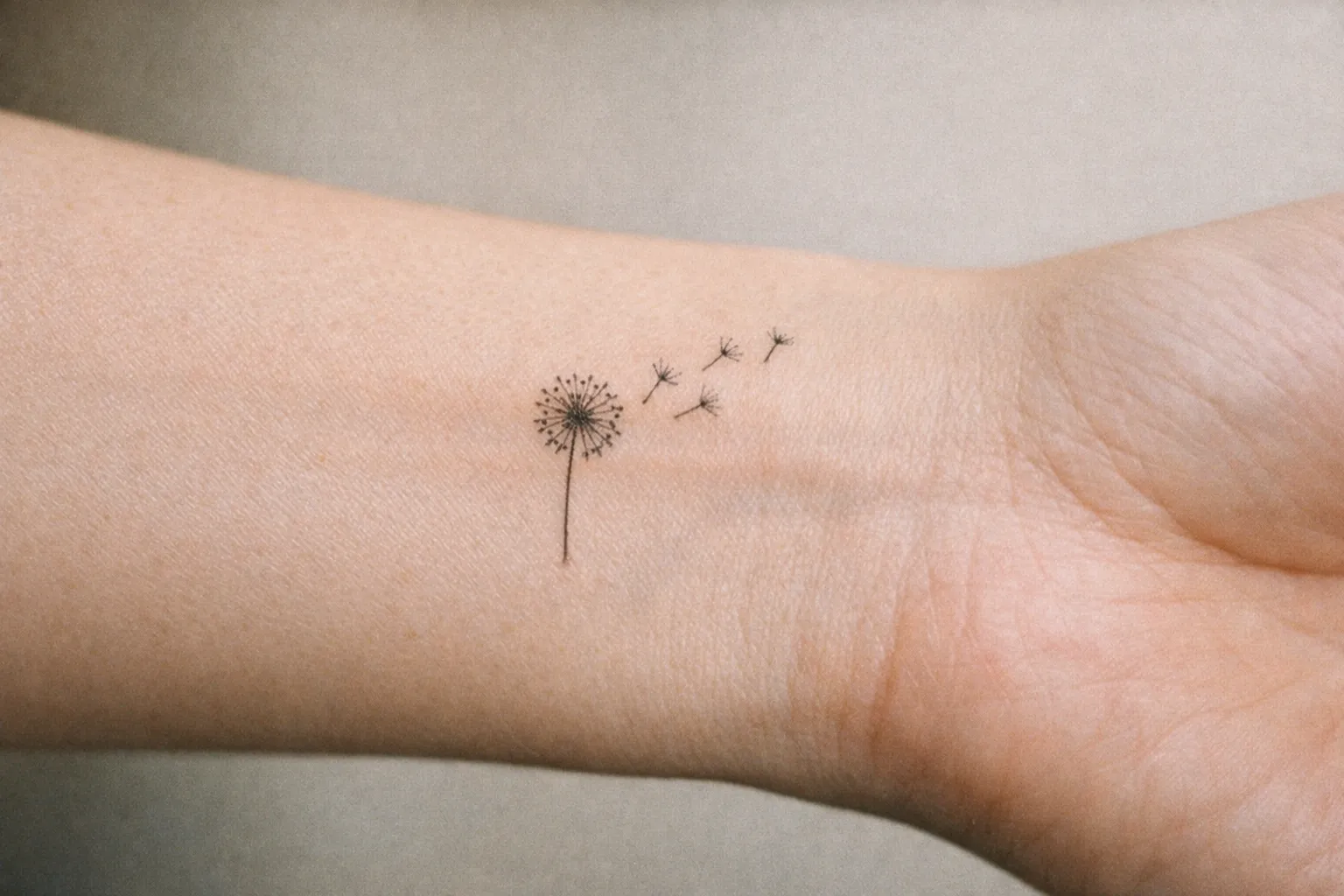 Tiny dandelion tattoo on forearm near the wrist, macro close-up