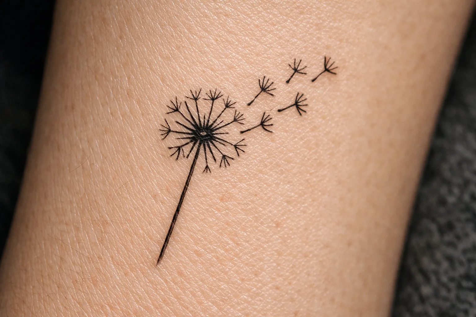 A dandelion tattoo with seeds blowing away on a person's skin.