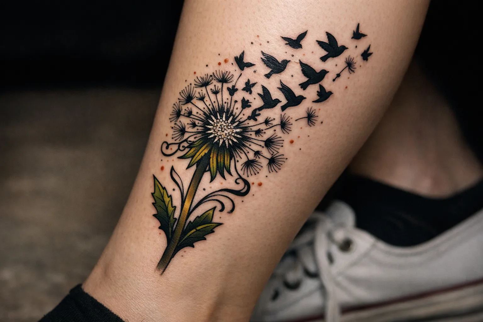A close-up of a leg with a dandelion tattoo turning into flying birds.