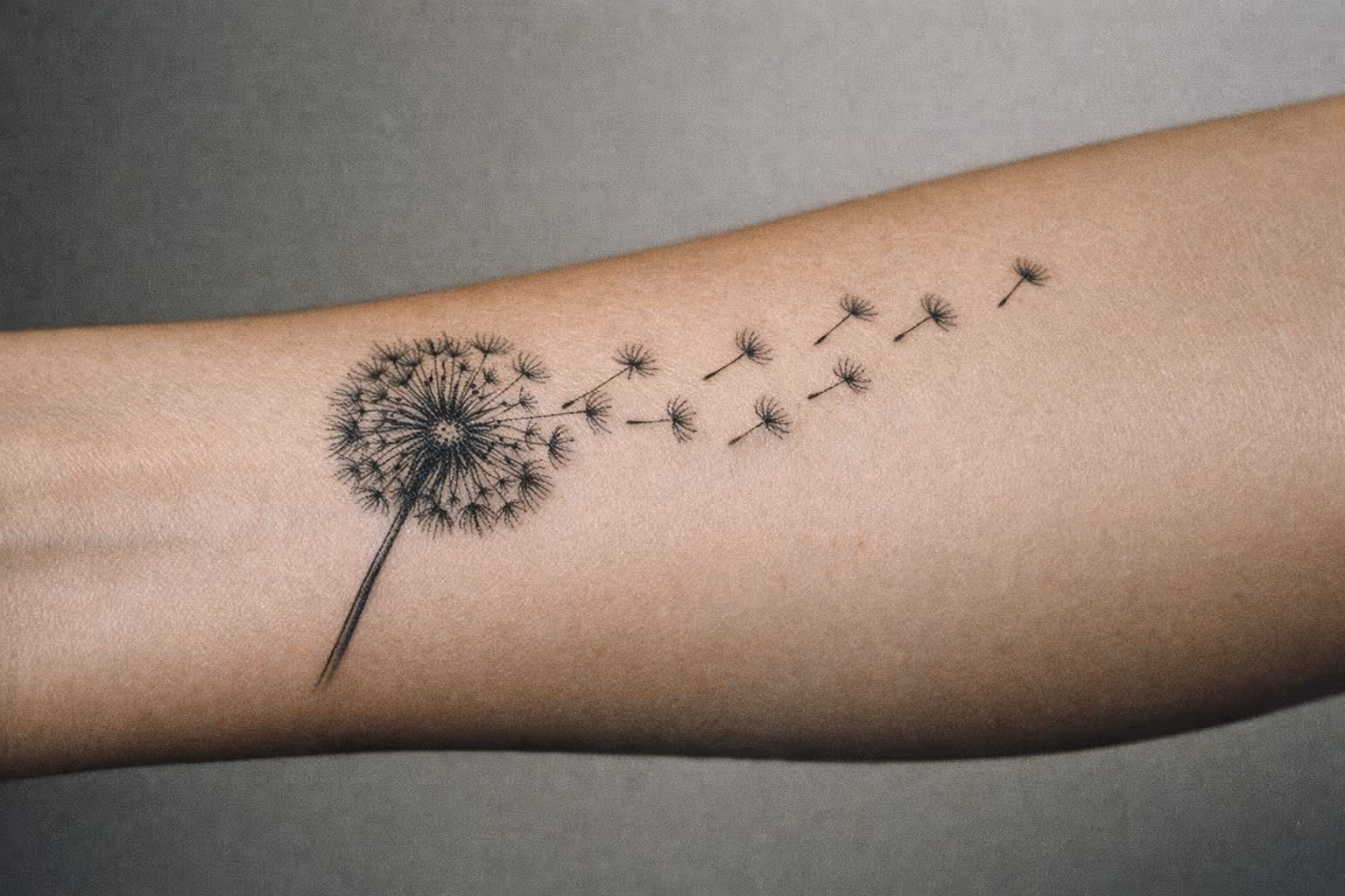 Editorial close-up of a single dandelion tattoo on forearm