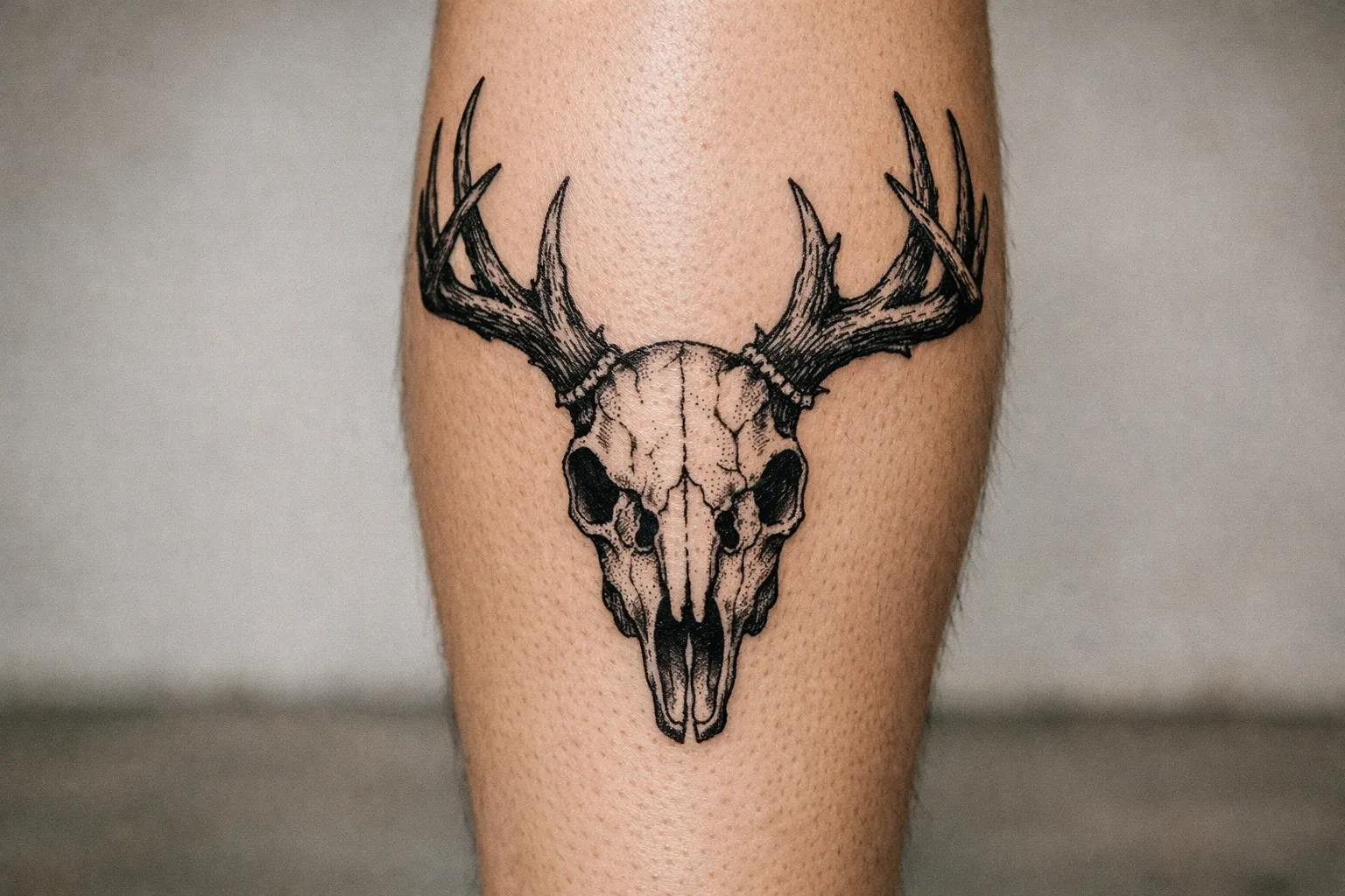 Deer skull tattoo on calf, blackwork with shading