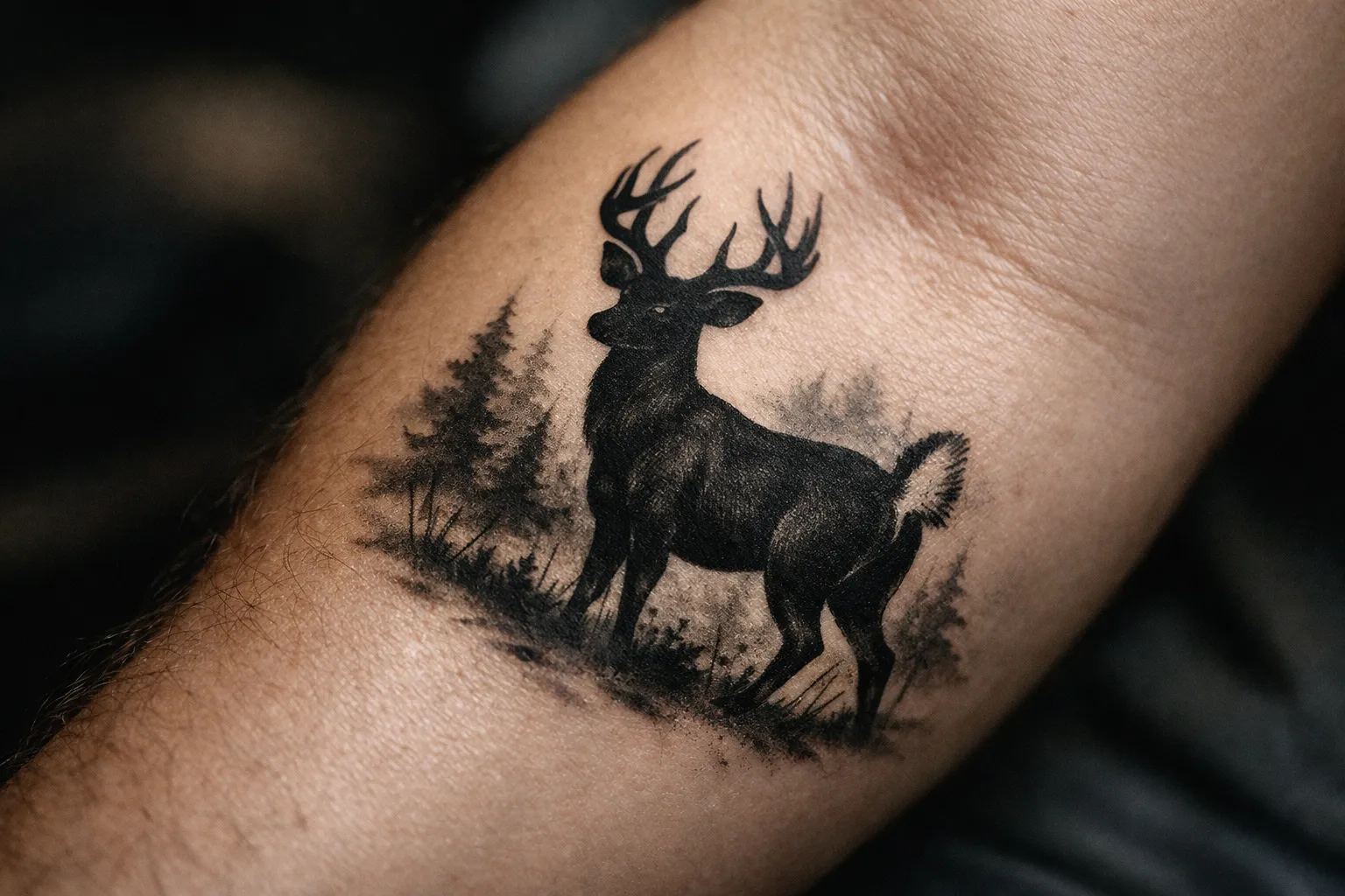 White-tailed deer tattoo on forearm, silhouette with forest backdrop