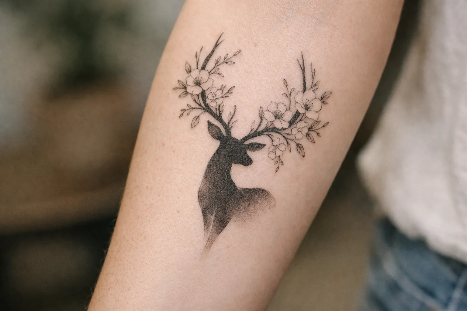 Delicate deer and floral tattoo on forearm with muted florals