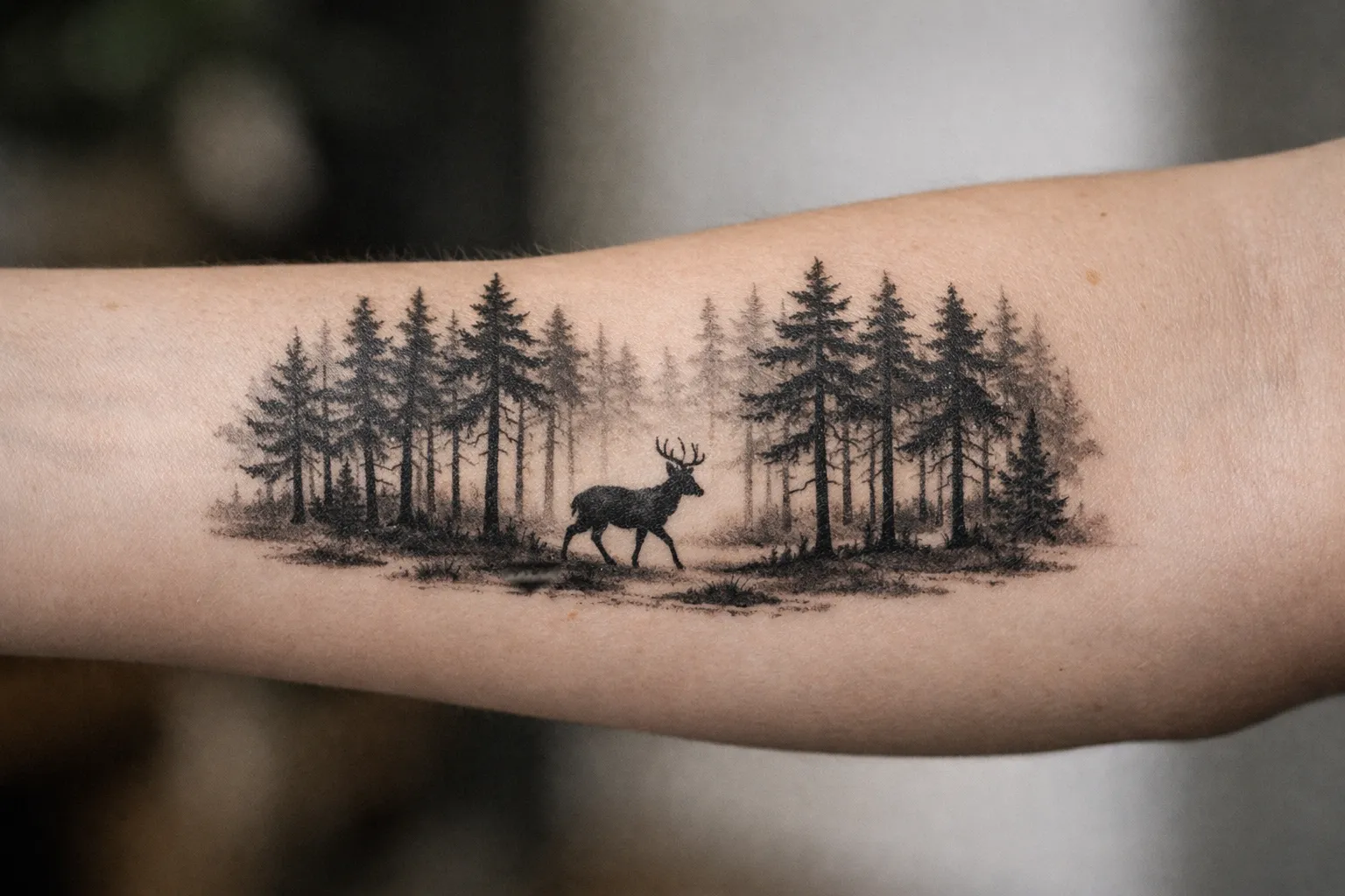 Forest scene deer tattoo on forearm, trees and a deer silhouette