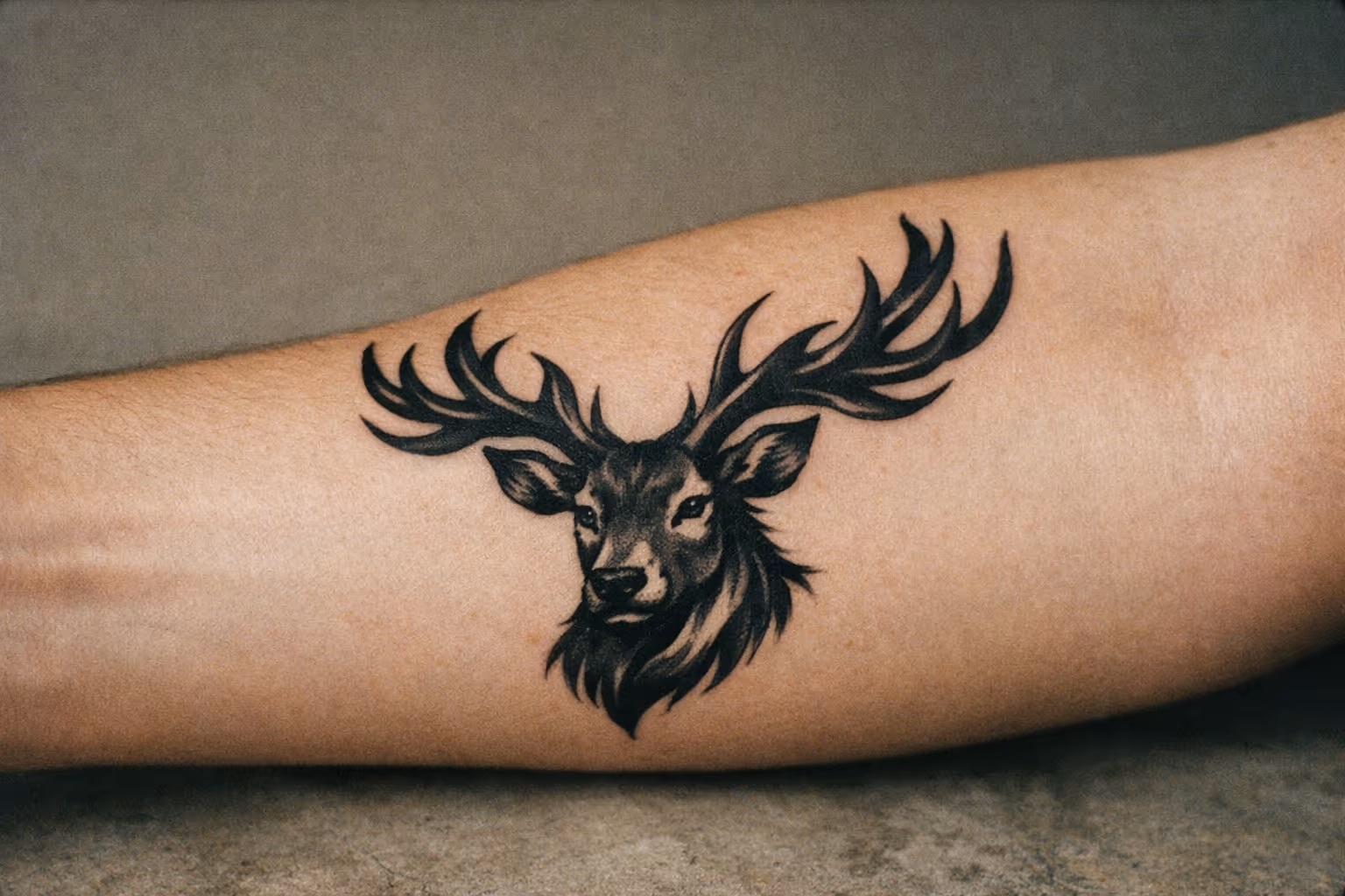 Editorial close-up of a deer tattoo on forearm, showing crisp linework and shading