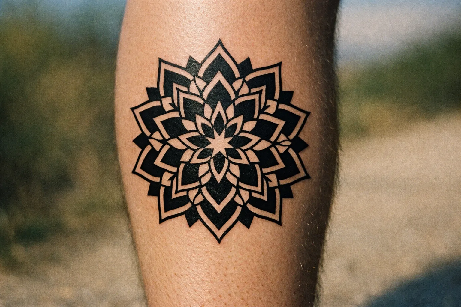 Calf close-up with a popular blackwork line-art tattoo (geometric mandala) in bold outlines