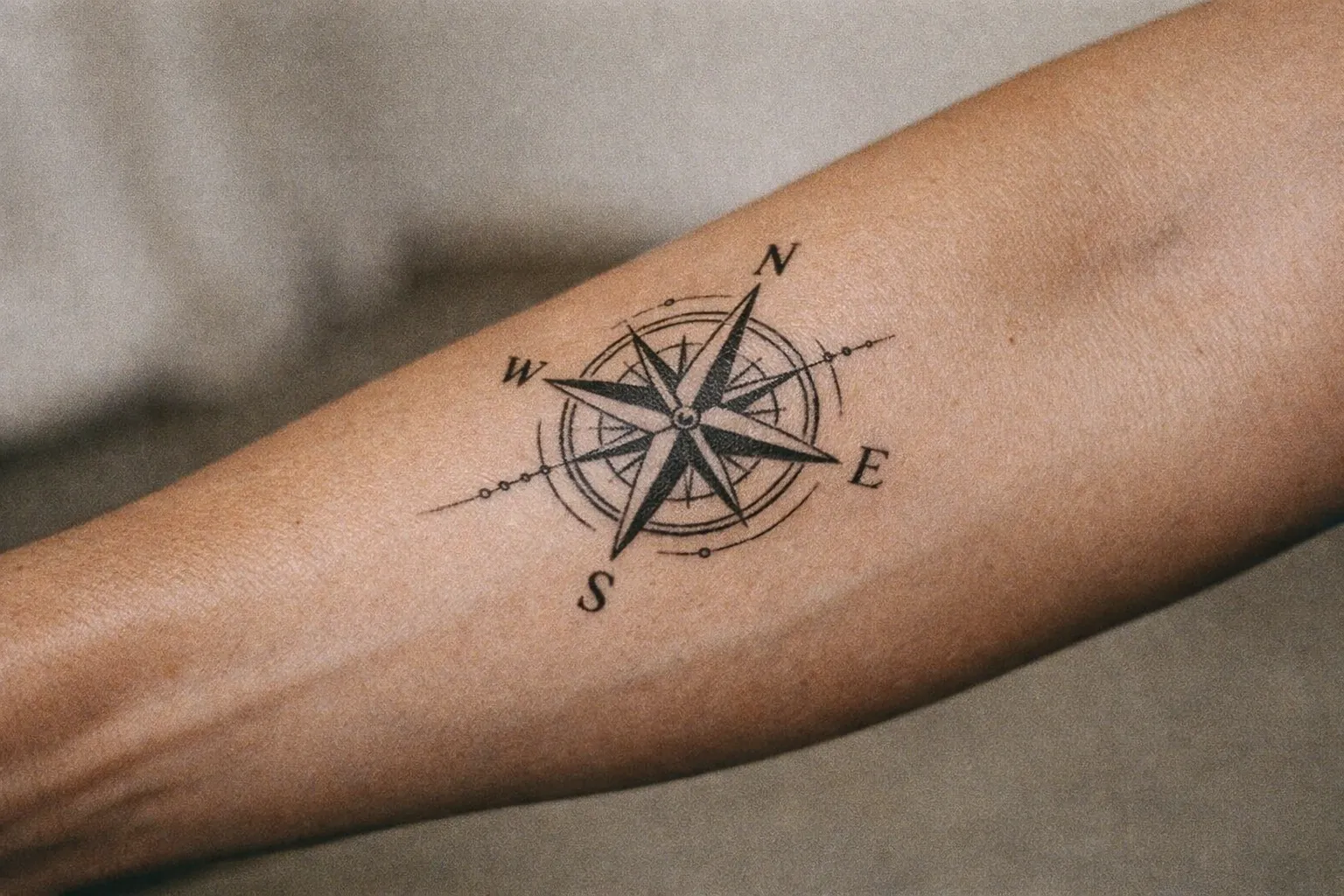Outer forearm with a stylized compass tattoo following the arm's contour