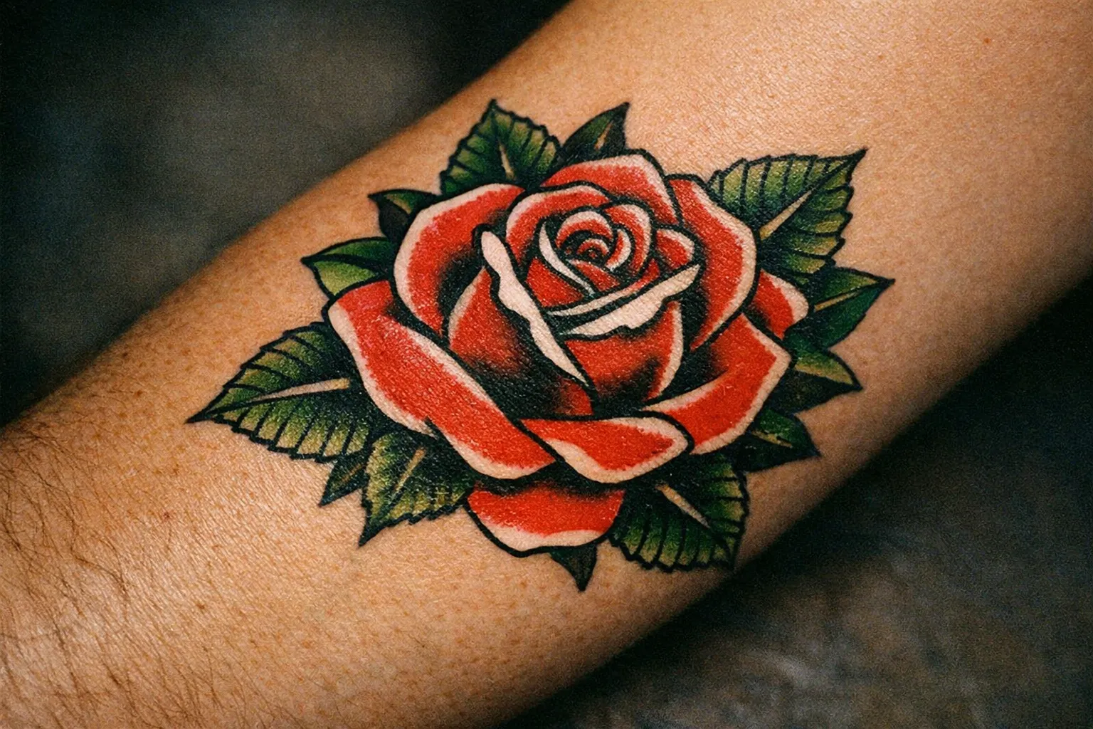Close-up of a single black-and-gray rose tattoo on the inner forearm with crisp linework