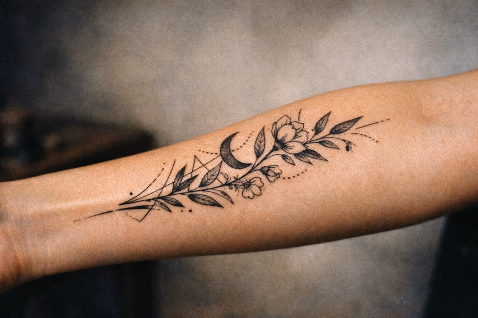 Editorial close-up forearm tattoo study showing a single cohesive botanical-geometric design