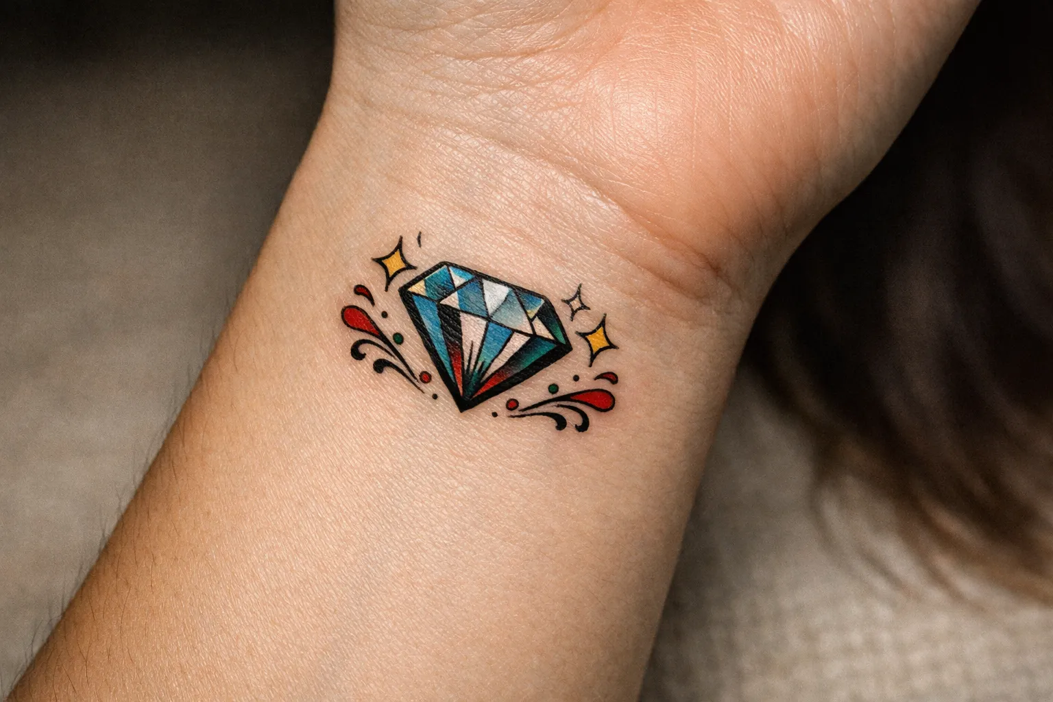 A diamond tattoo with colorful accents is inked on a person's wrist.