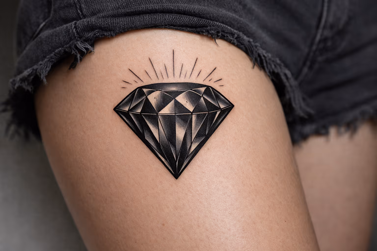 A diamond tattoo is shown on a person's upper thigh near denim shorts.