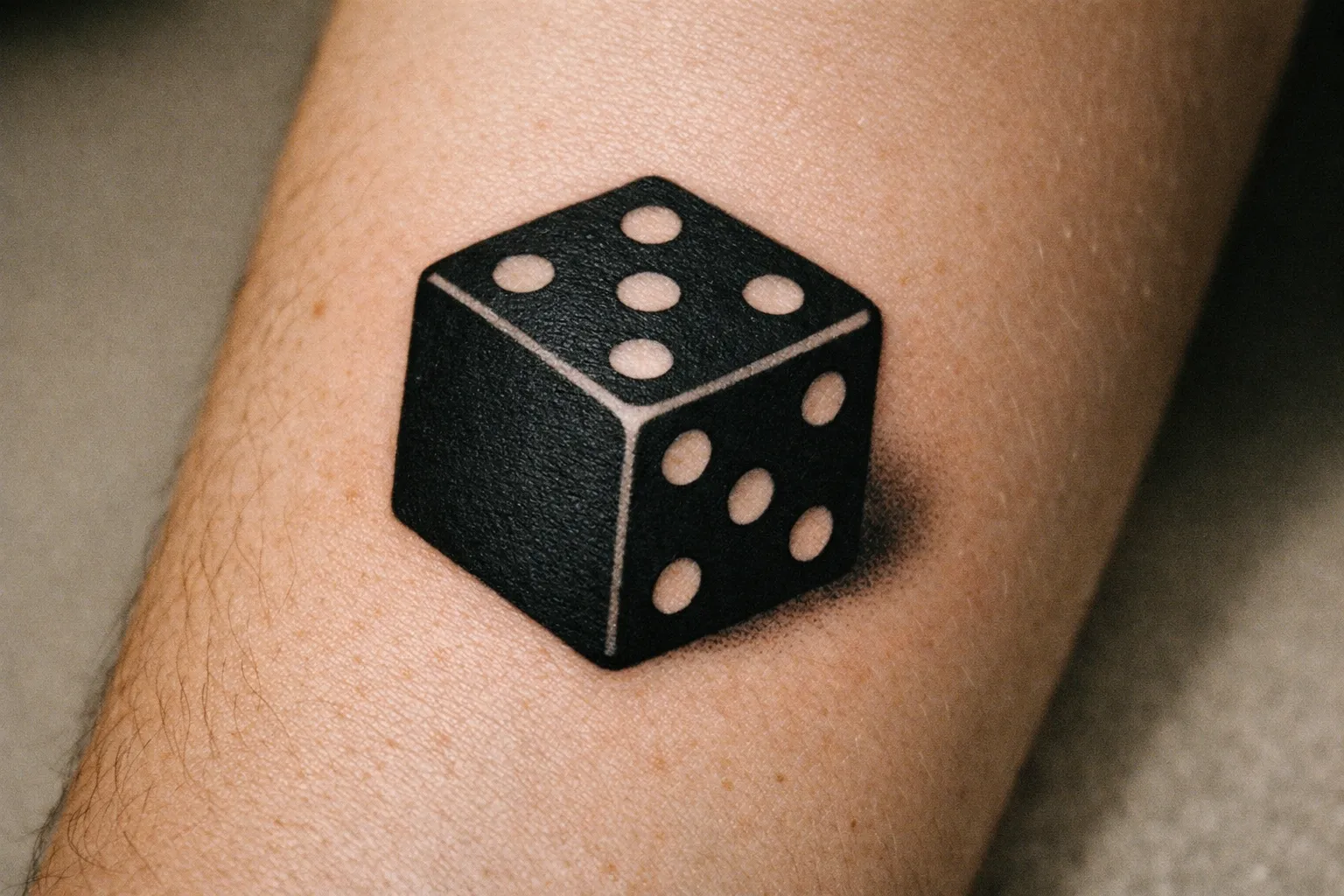 Macro close-up of a forearm with a single dice tattoo showing five pips in bold black ink