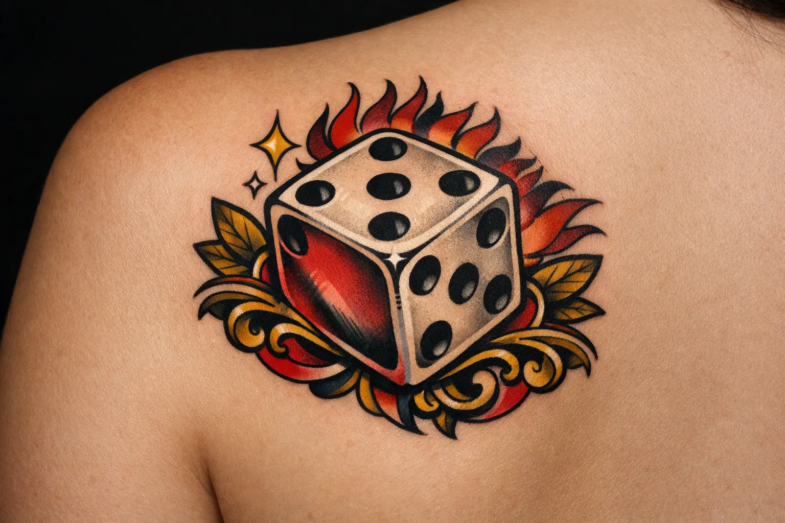 A colorful dice tattoo with flames is inked on a person's upper back.