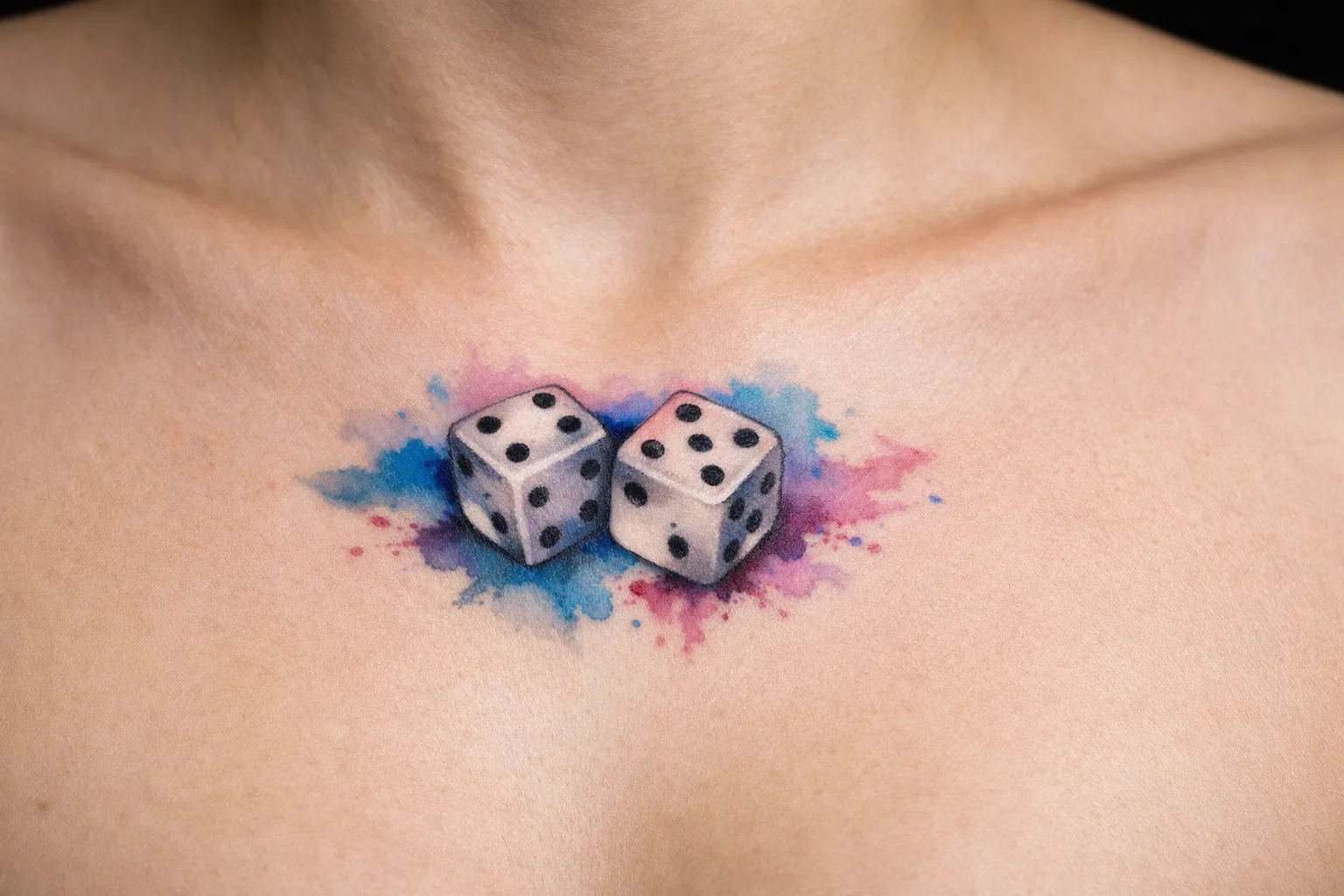 A tattoo of two dice with colorful splashes is on a person's upper chest.