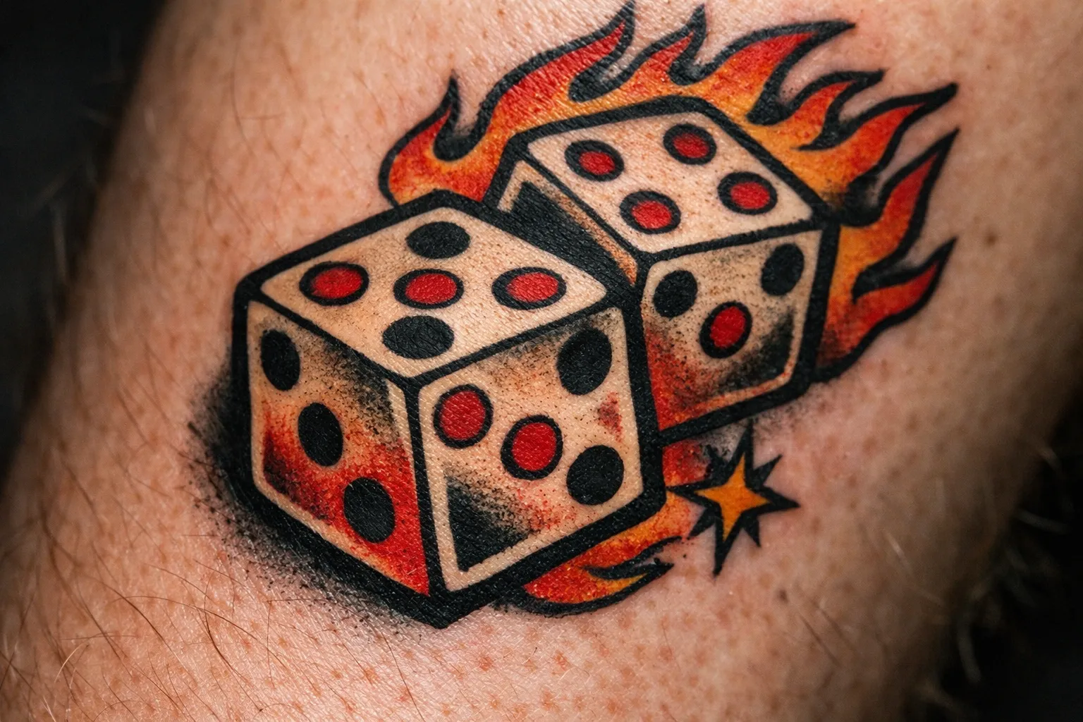 A pair of dice with flames tattooed on a person's skin.