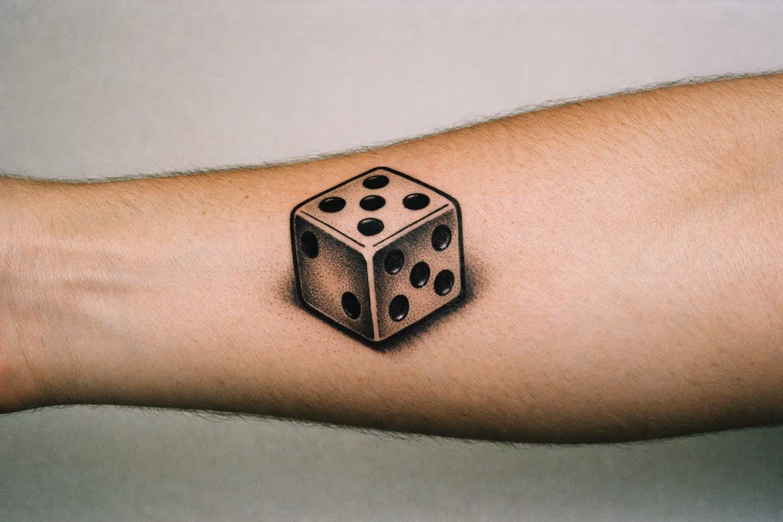 Editorial wide shot of a forearm dice tattoo, single tattoo, neutral background
