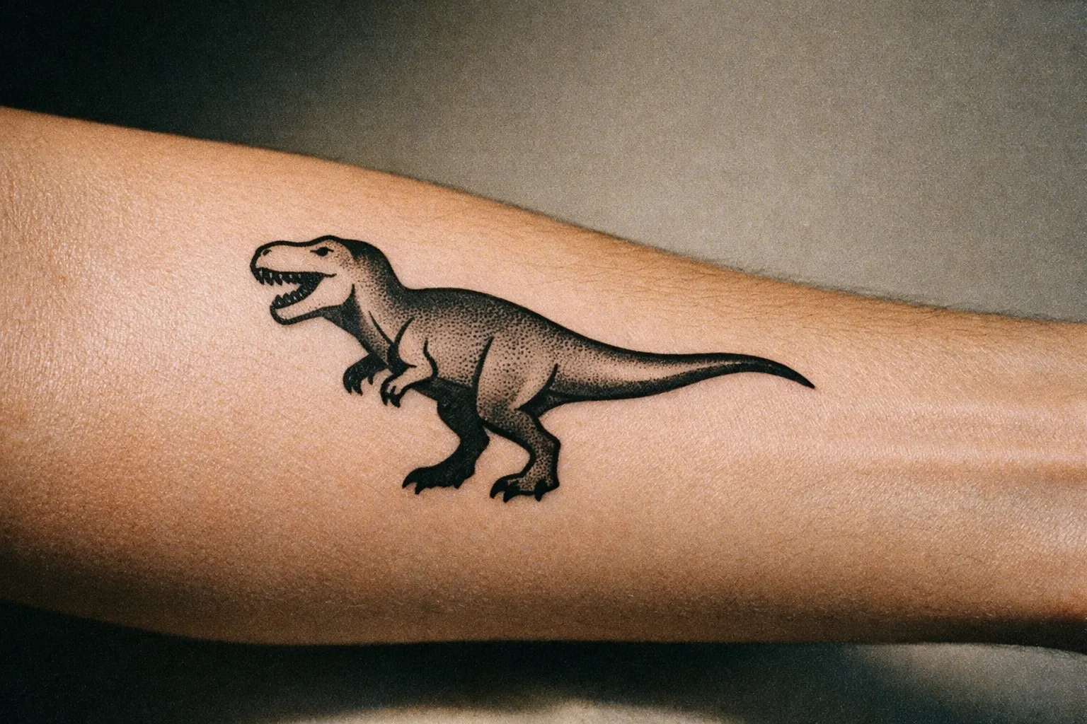 Close-up of a forearm with a bold dinosaur silhouette tattoo showing strong linework and subtle shading