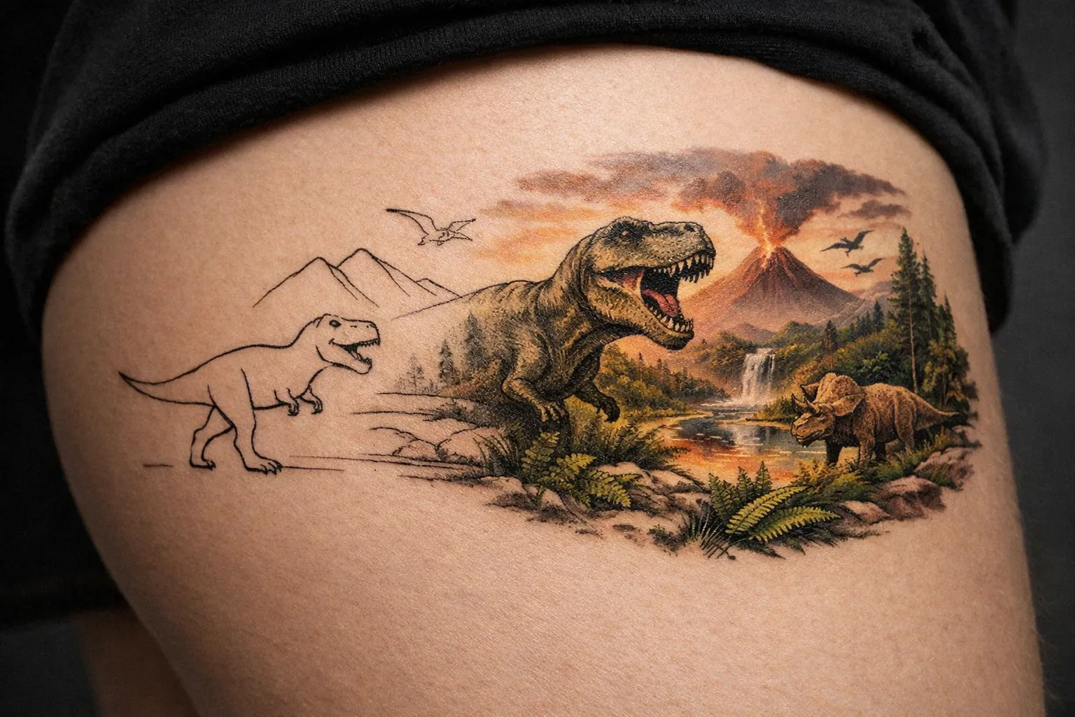 A tattoo featuring realistic dinosaurs and a volcanic landscape on a person's thigh.