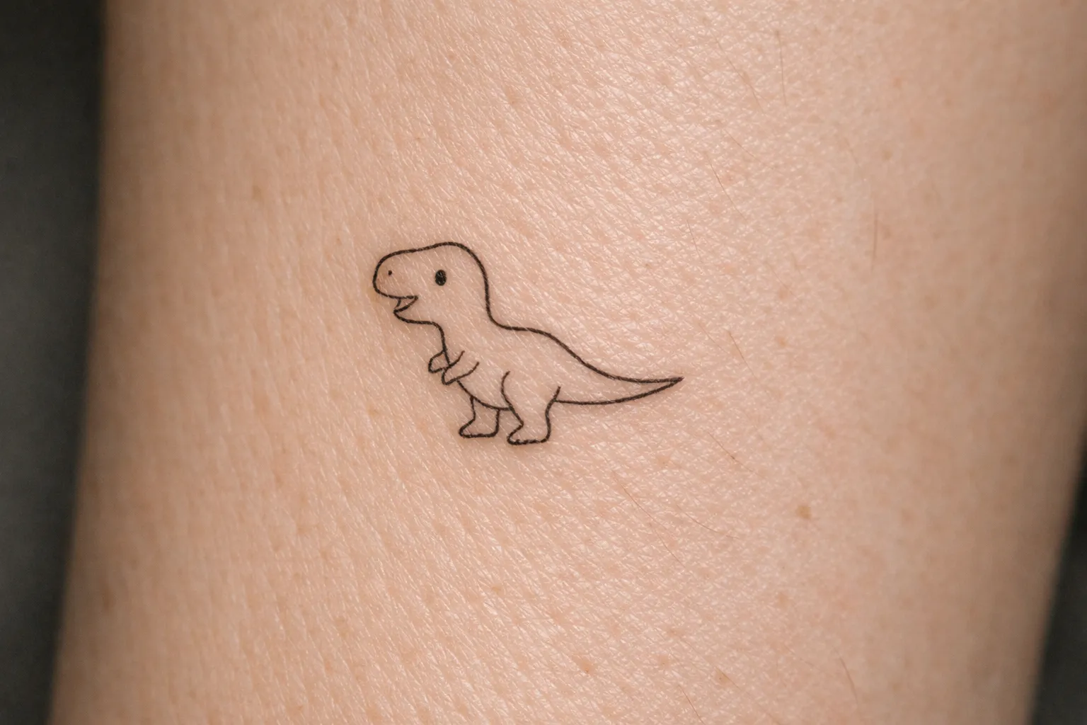 A simple dinosaur tattoo is inked on a person's skin.