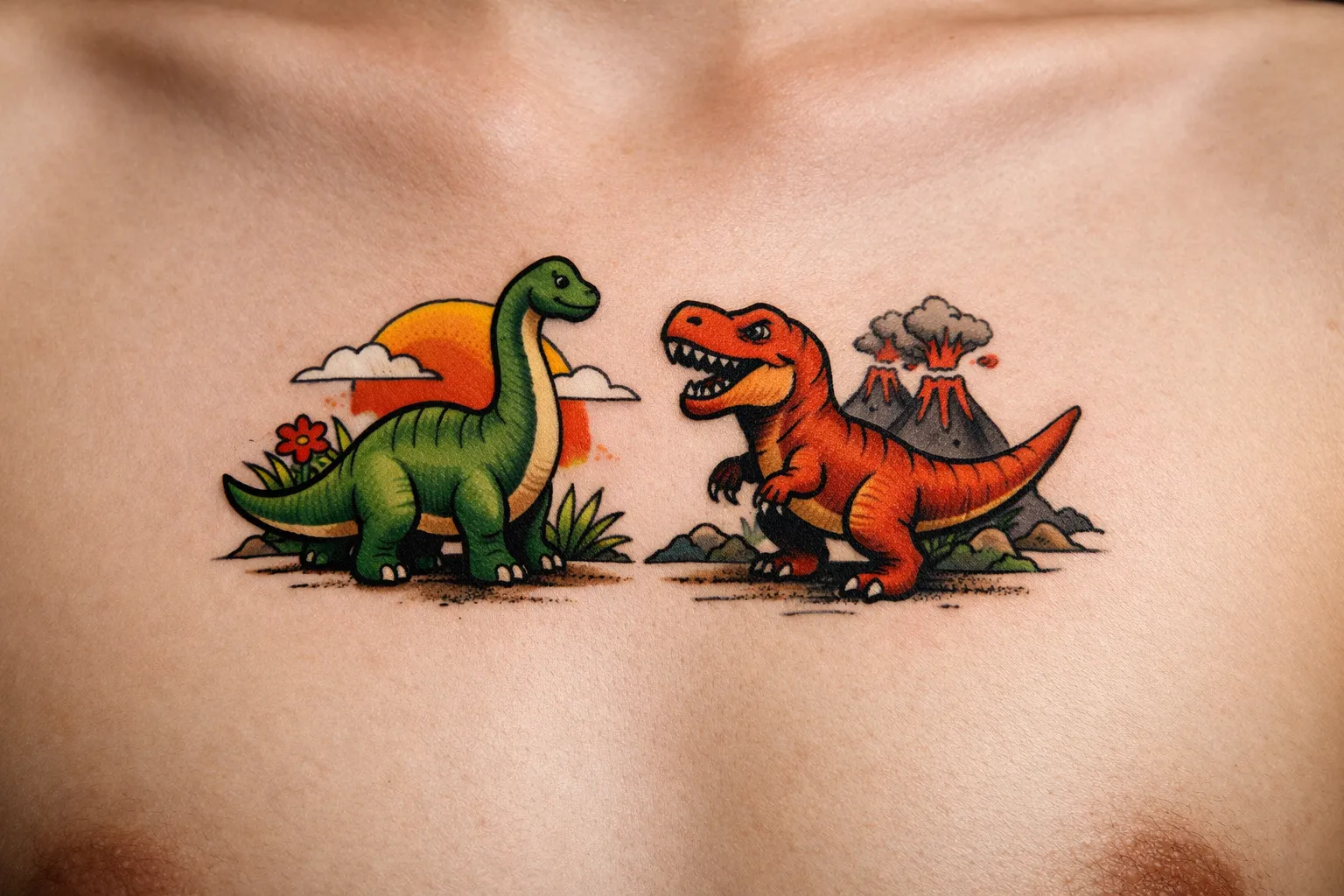 Two colorful dinosaur tattoos on a person's upper chest, with background scenery of volcanoes and a sunset.