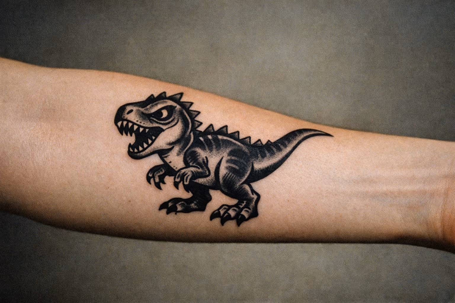 Editorial close-up of a single forearm dinosaur tattoo for the feature