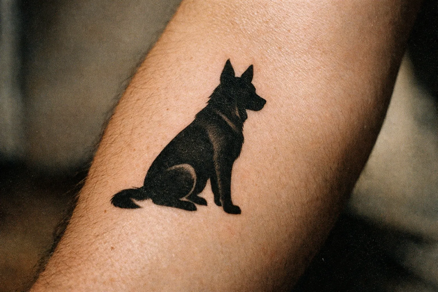 Forearm close-up of a dog silhouette tattoo with strong black linework and soft shading