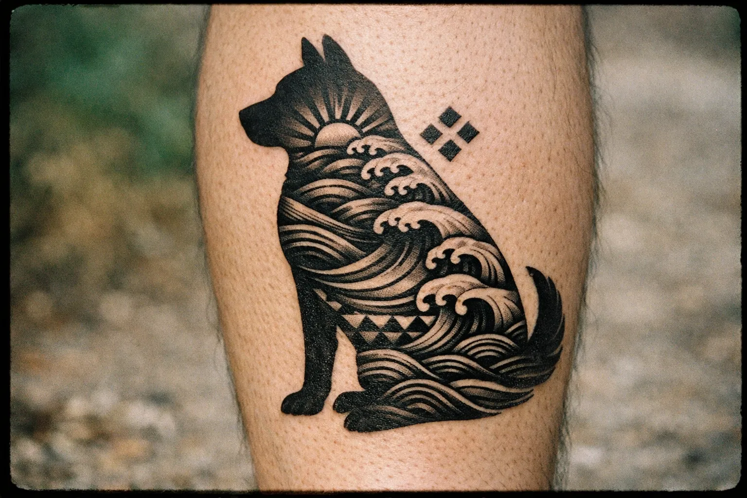 Calf tattoo blending dog silhouette with cultural motifs in a single cohesive design