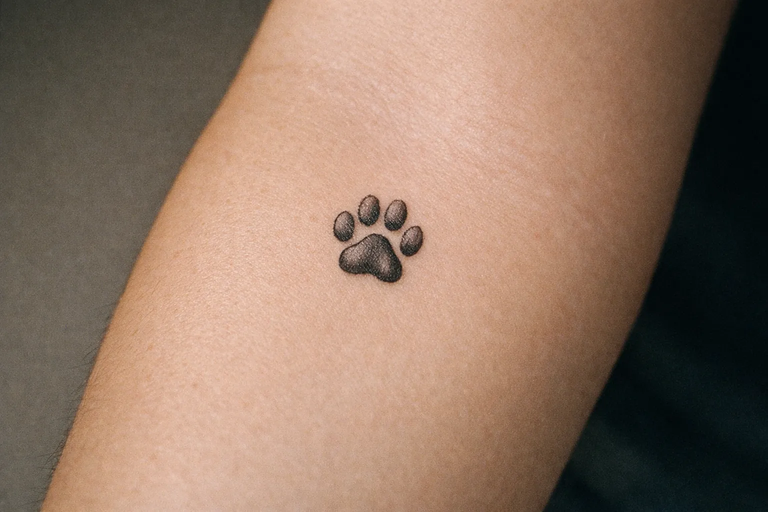 Forearm small paw print tattoo with precise lines and gentle shading
