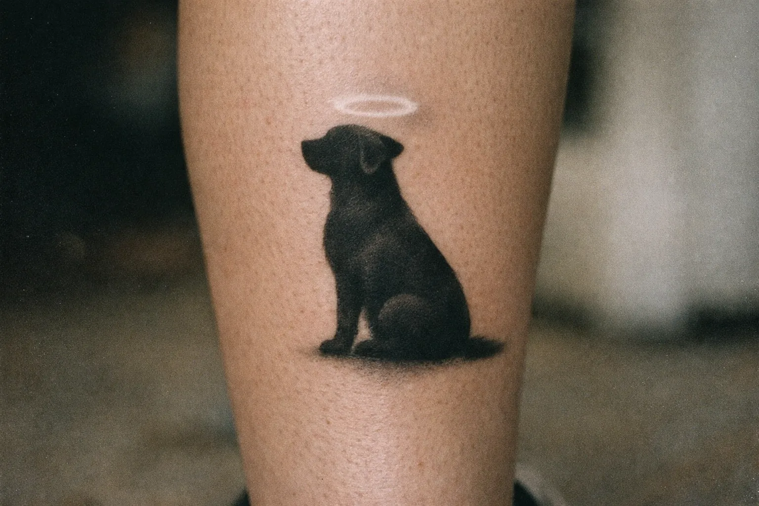 Calf tattoo featuring a memorial-style dog silhouette with halo accent