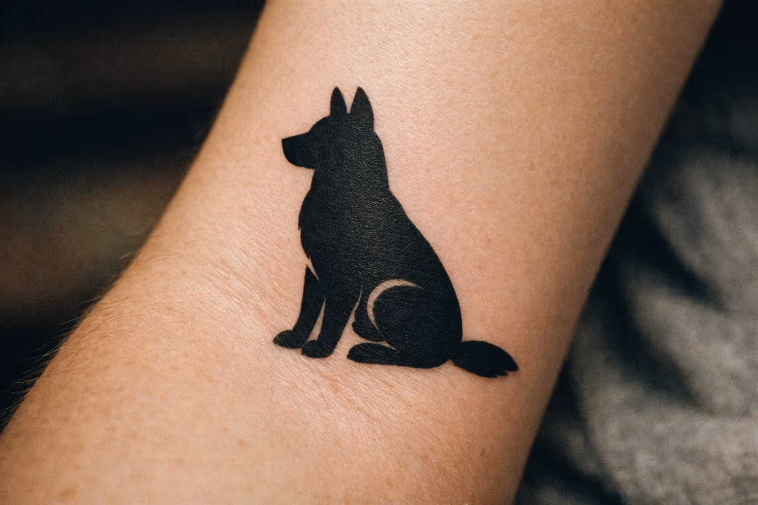 Editorial close-up of a single dog tattoo on forearm with bold linework