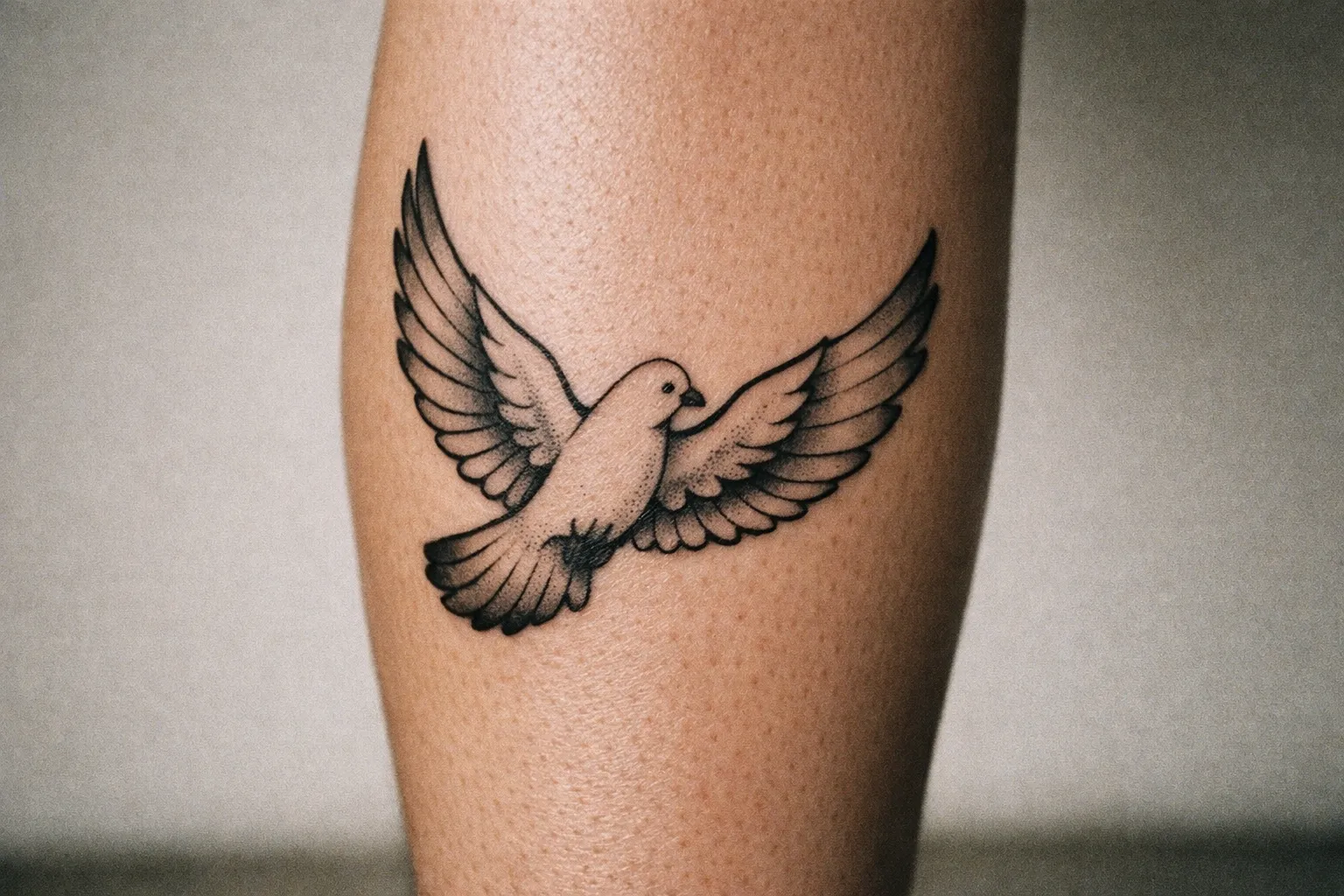 Calf tattoo of a dove along the leg in a minimal blackwork style