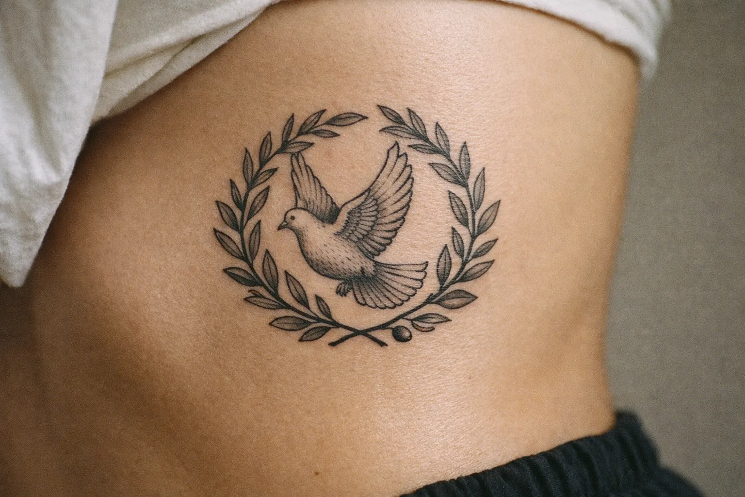 Ribcage side tattoo featuring a dove integrated into a circular olive wreath