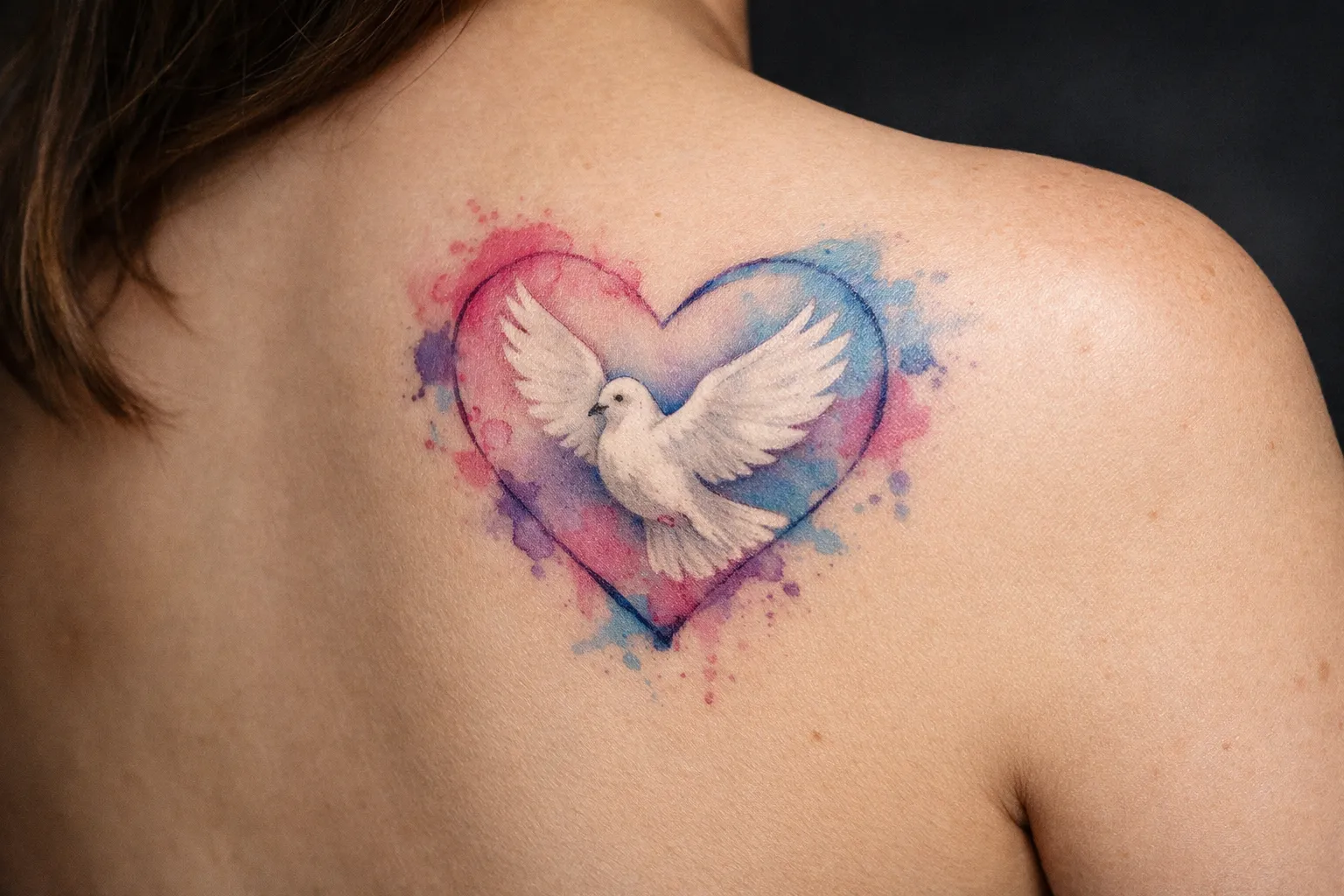 A person with a dove and heart tattoo on their upper back.