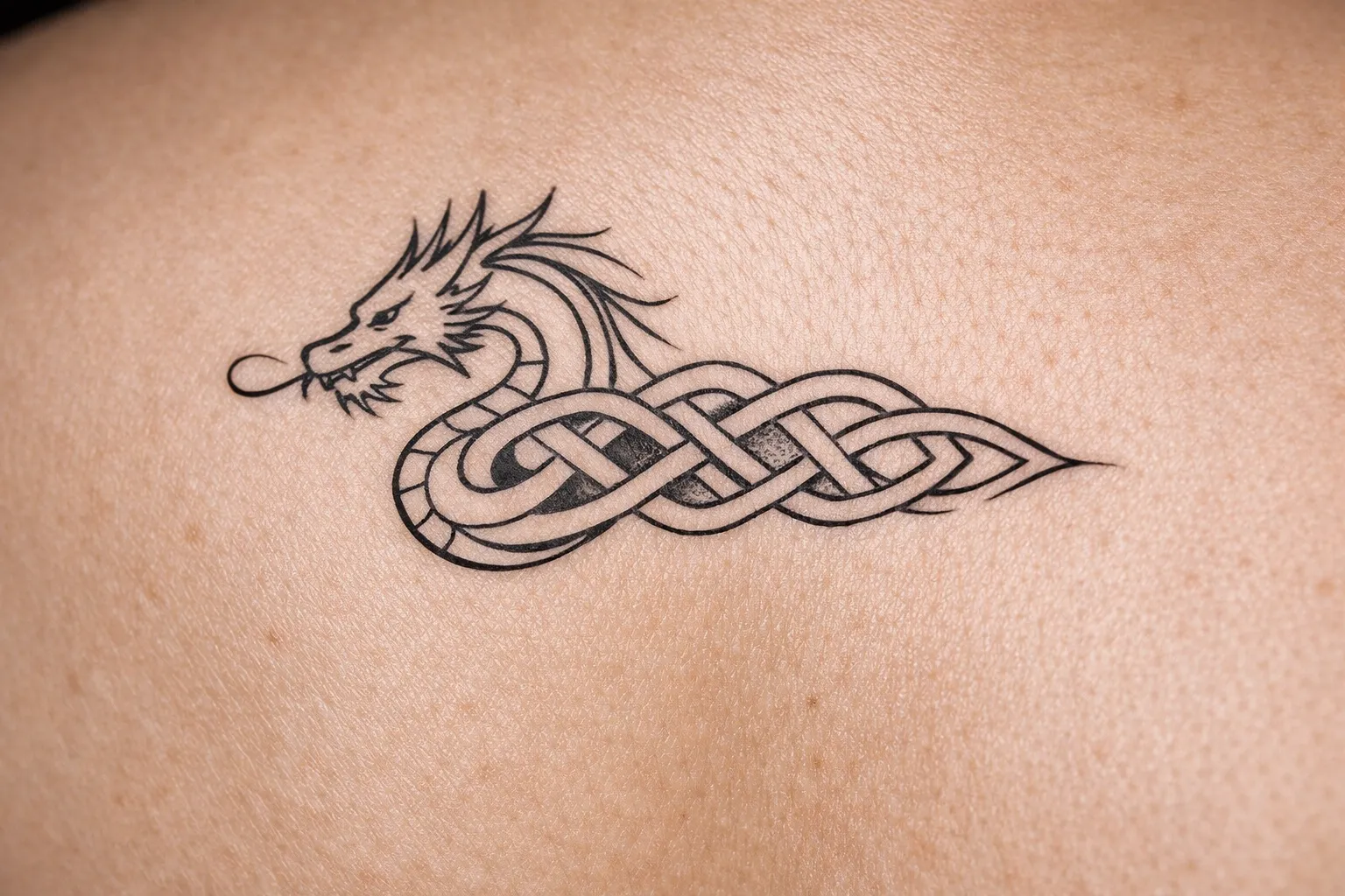 A black linework dragon tattoo with a knot pattern is inked on a person's back.