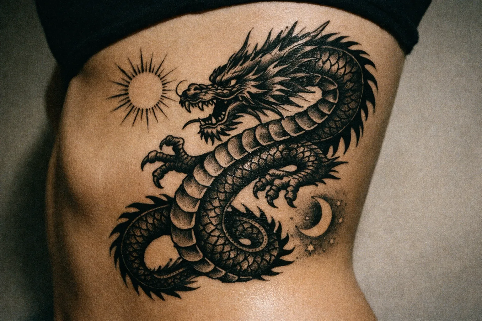 Ribcage-side dragon tattoo with negative-space sun and moon motifs