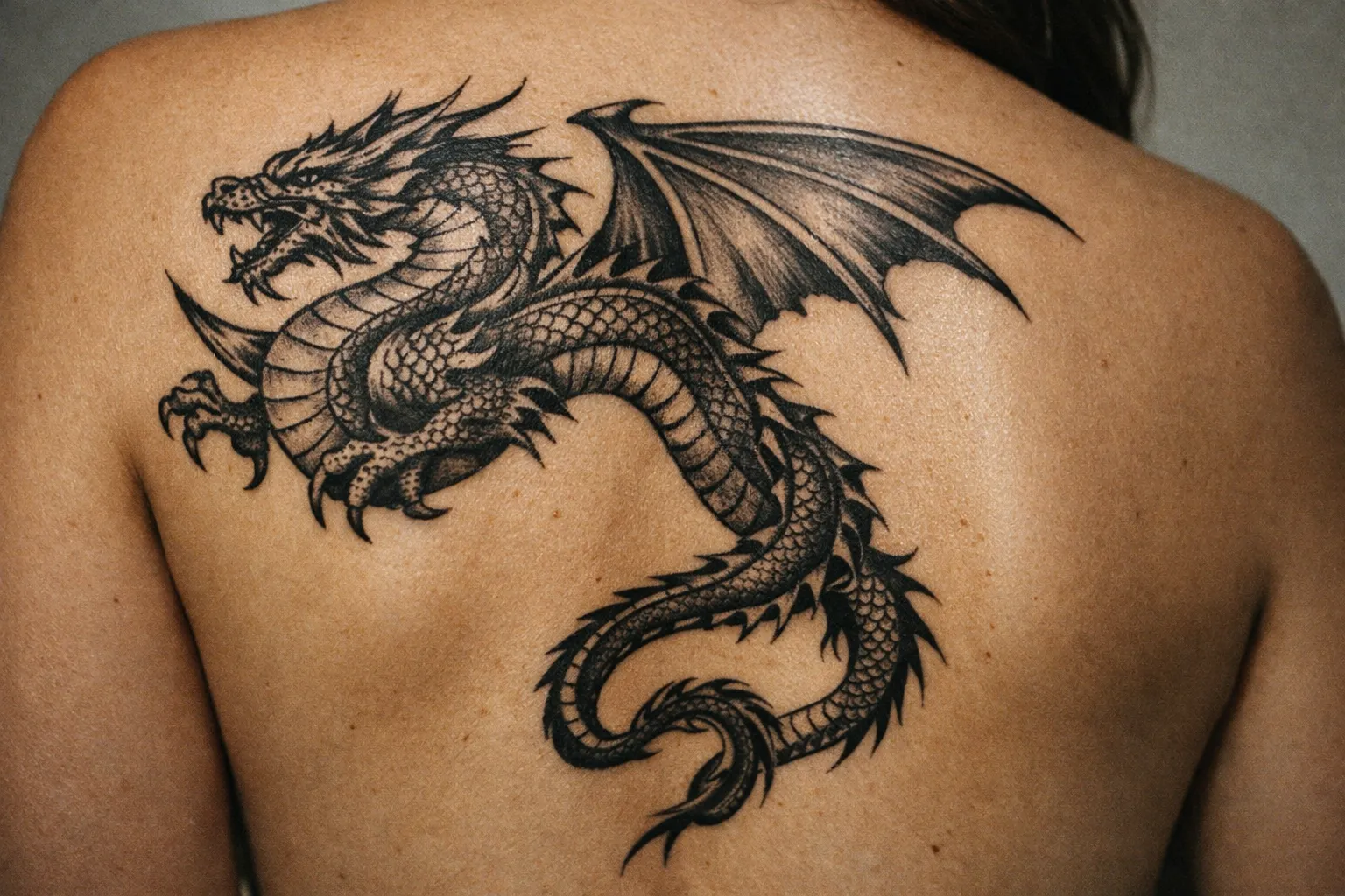 Dragon tattoo along the shoulder blade and upper back