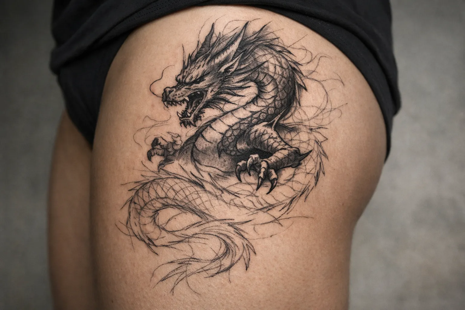 A detailed dragon tattoo covers the upper thigh of a person wearing black clothing.