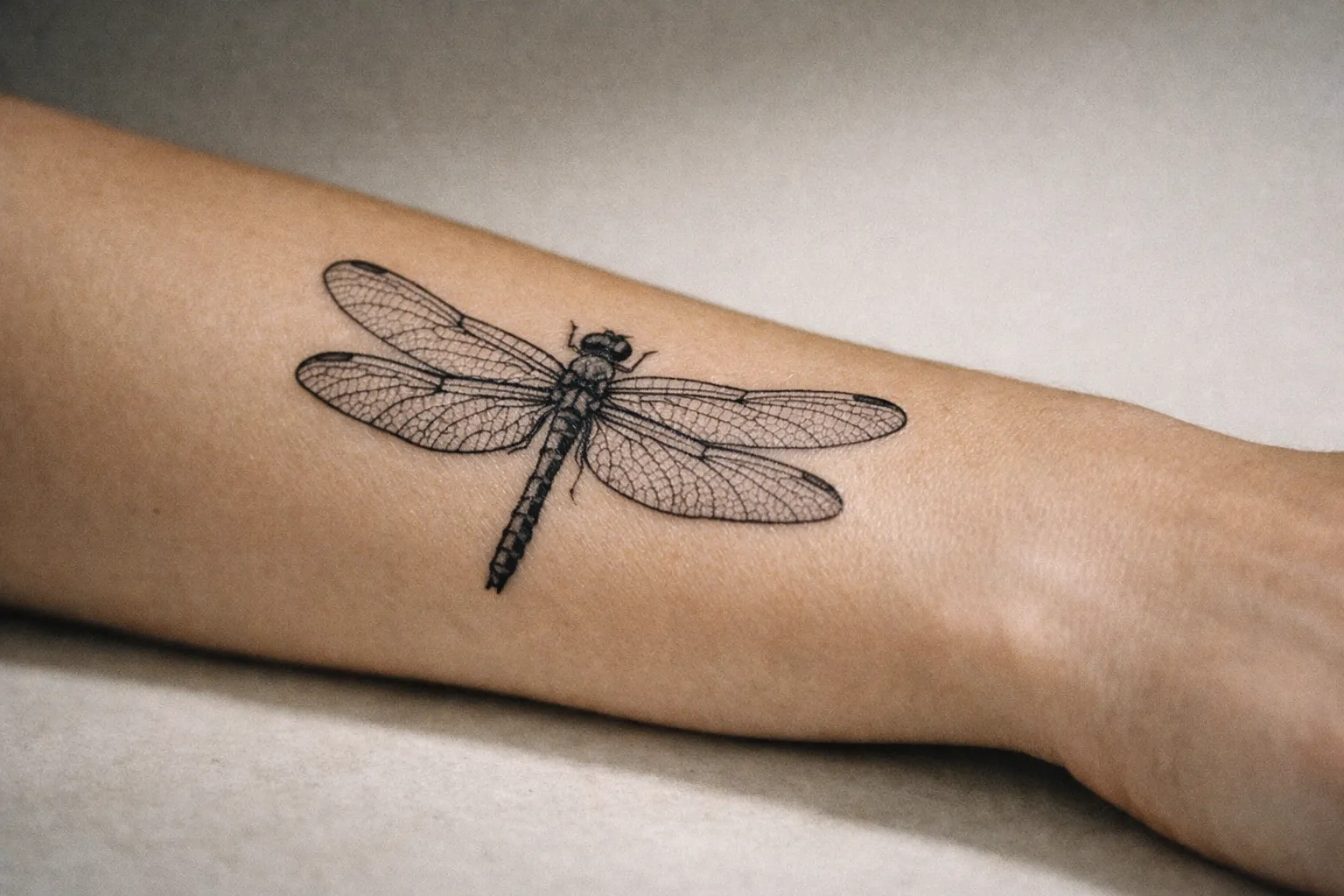 Macro close-up of a healed dragonfly tattoo on a forearm showing black ink linework and subtle shading