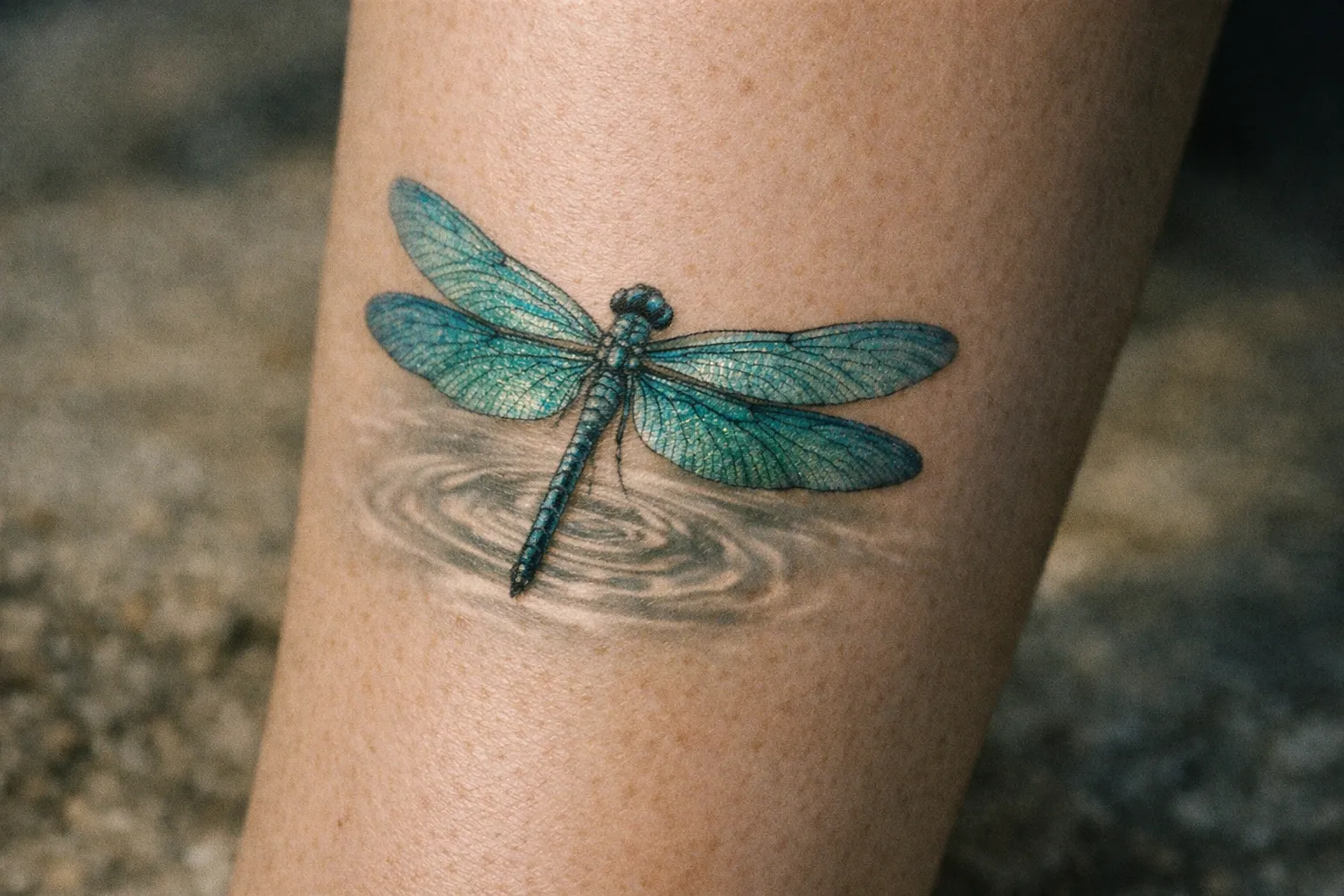 Dragonfly tattoo on the calf with blue-green wings and water motif implied by soft reflections