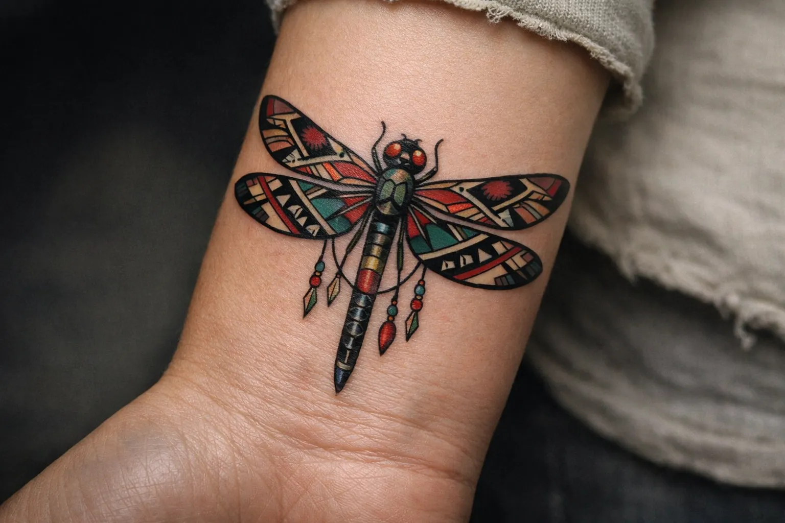 A colorful dragonfly tattoo with geometric patterns is inked on a person's wrist.