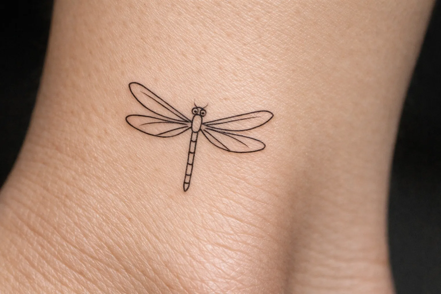 A simple dragonfly tattoo on the skin near an ankle.
