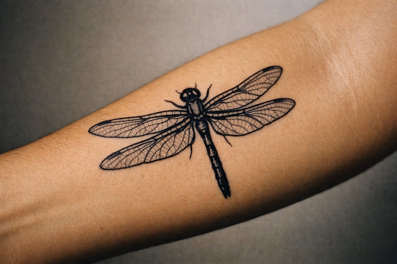 Editorial close-up of a healed dragonfly tattoo on forearm, highlighting black linework and subtle shading