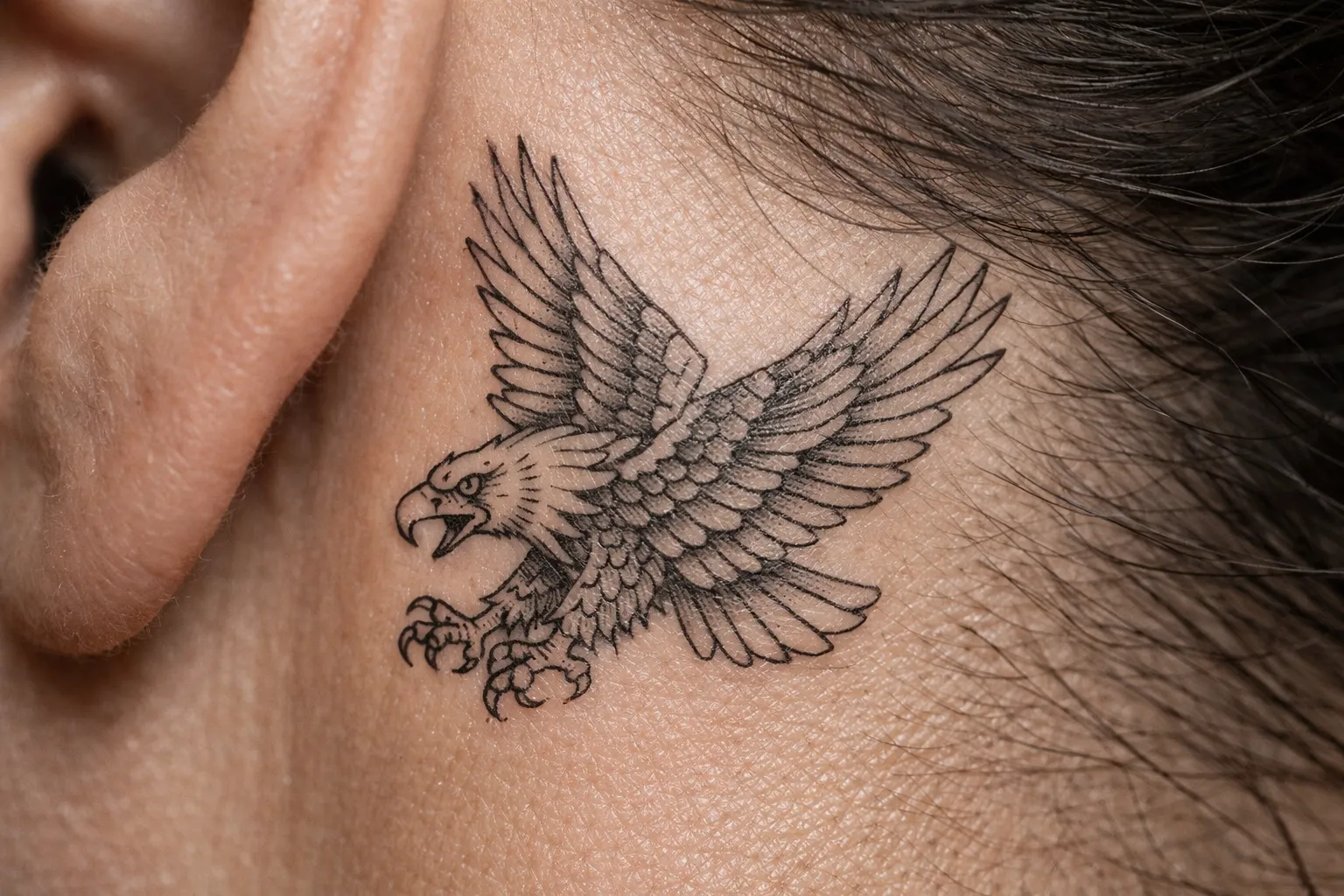 A black eagle tattoo is inked behind a person's ear.