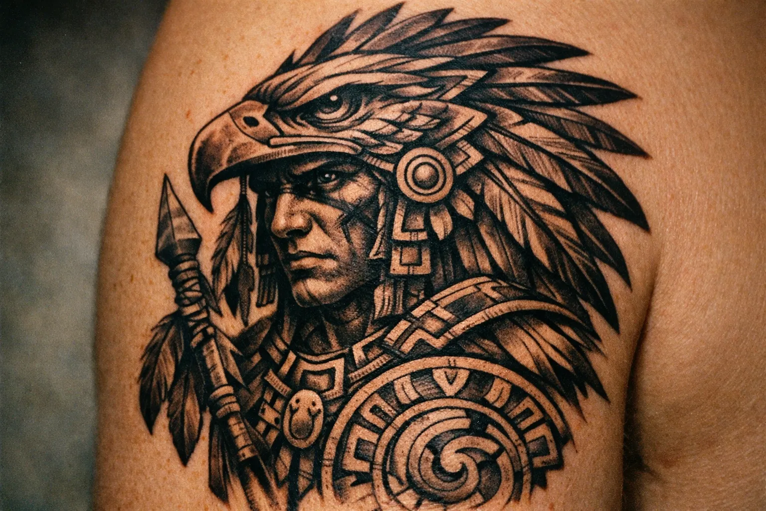 Forearm tattoo in Aztec-inspired Eagle Warrior style with geometric headdress and feathers