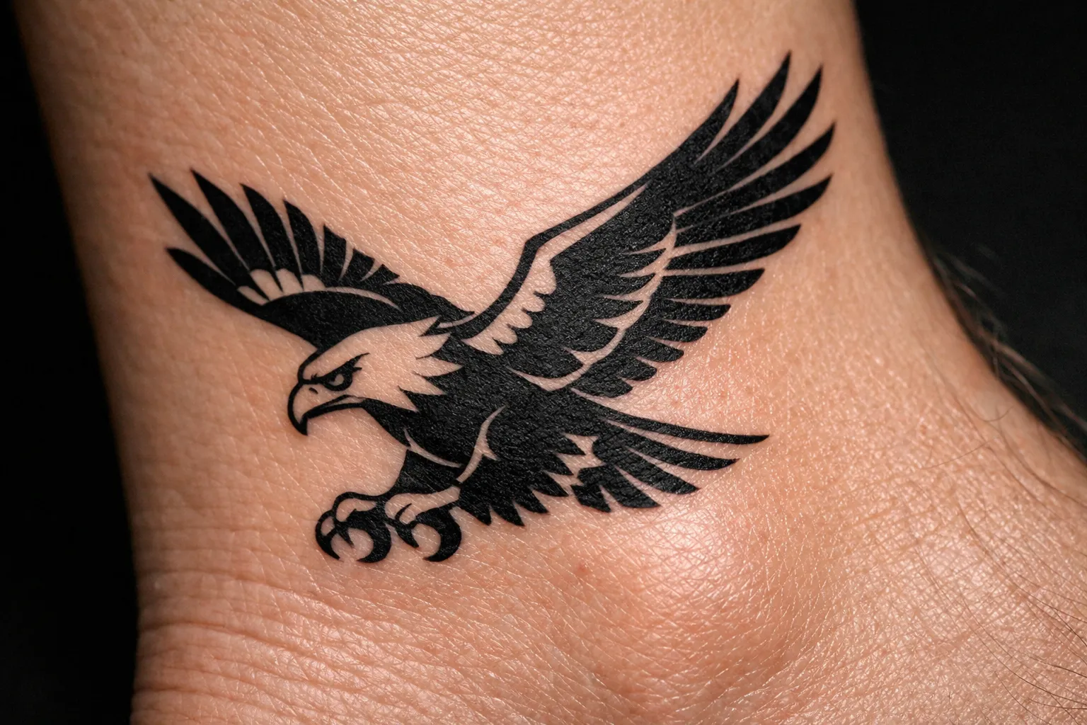 A bold black eagle tattoo is inked on the skin of a person's ankle.